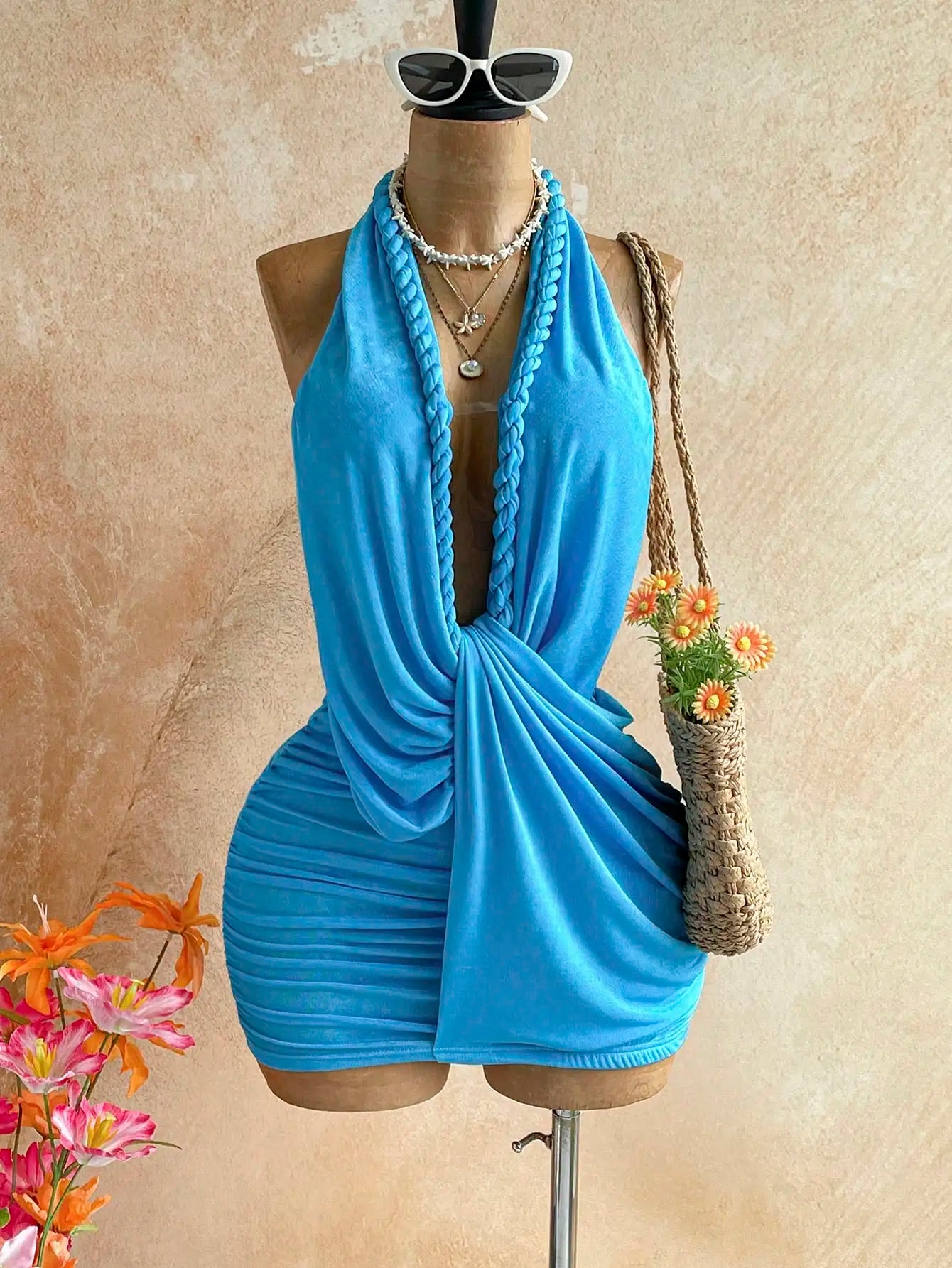Women Halter Backless Mini Dress Summer Beach Vacation Style