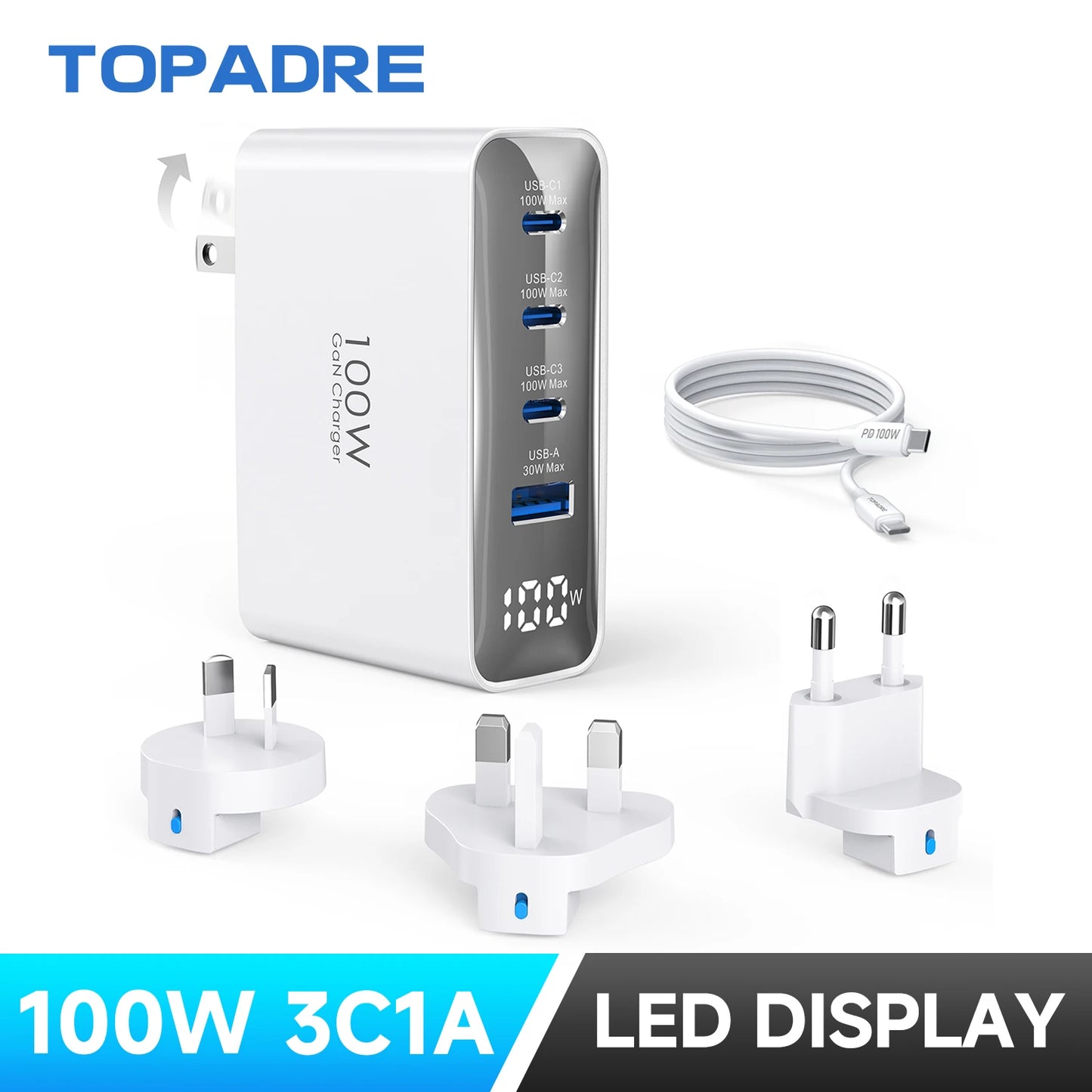 Topadre 100W USB C Travel Charger With Foldable GaN Adapter