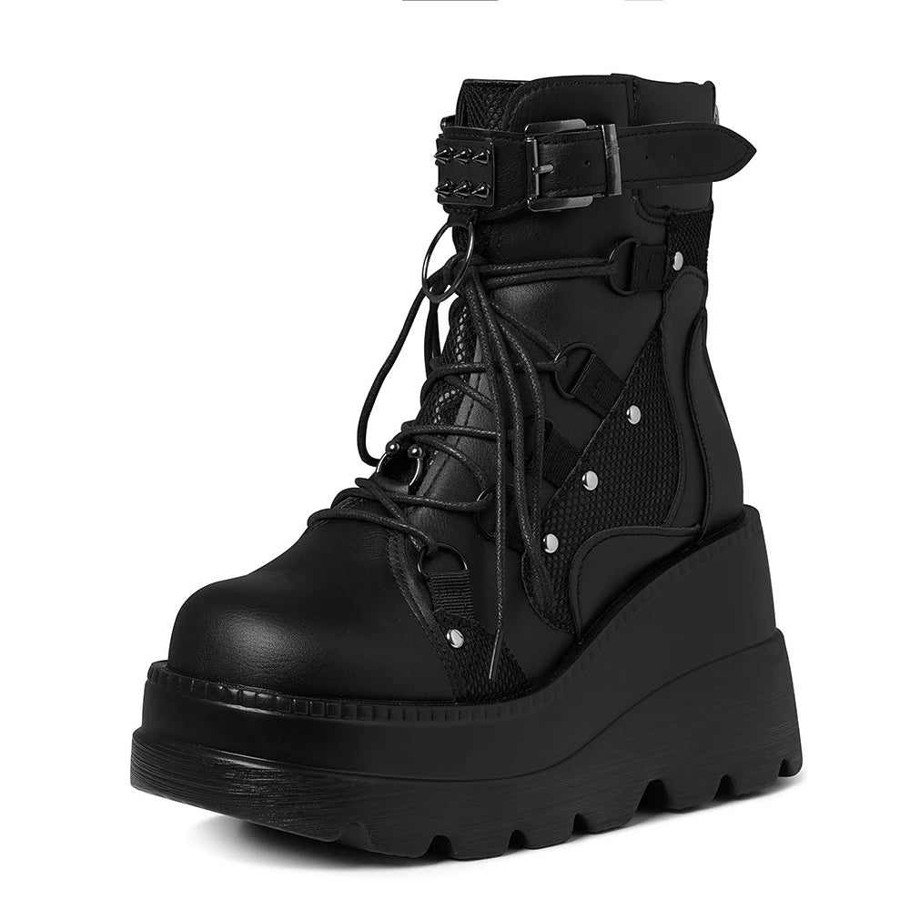 Gothic Platform Wedge Ankle Boots For Women Buckle Strap