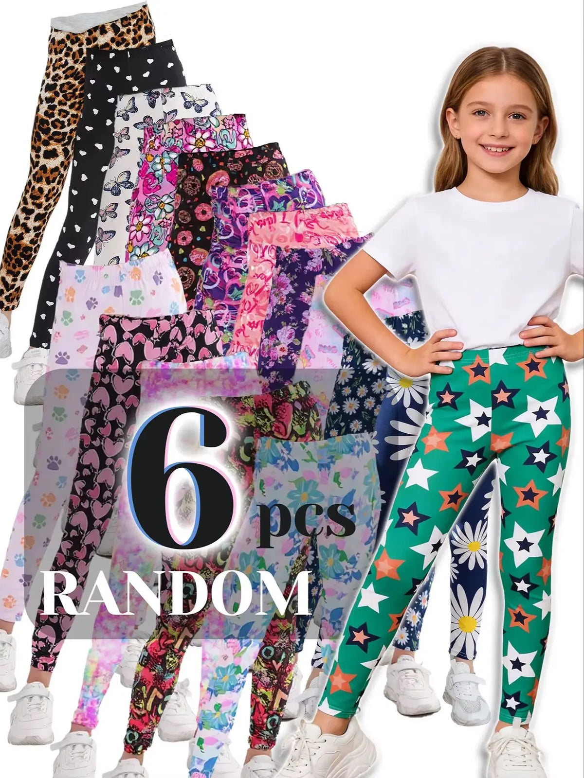 Girls 6 Pack Assorted Tie Dye Stretchy Kids Leggings