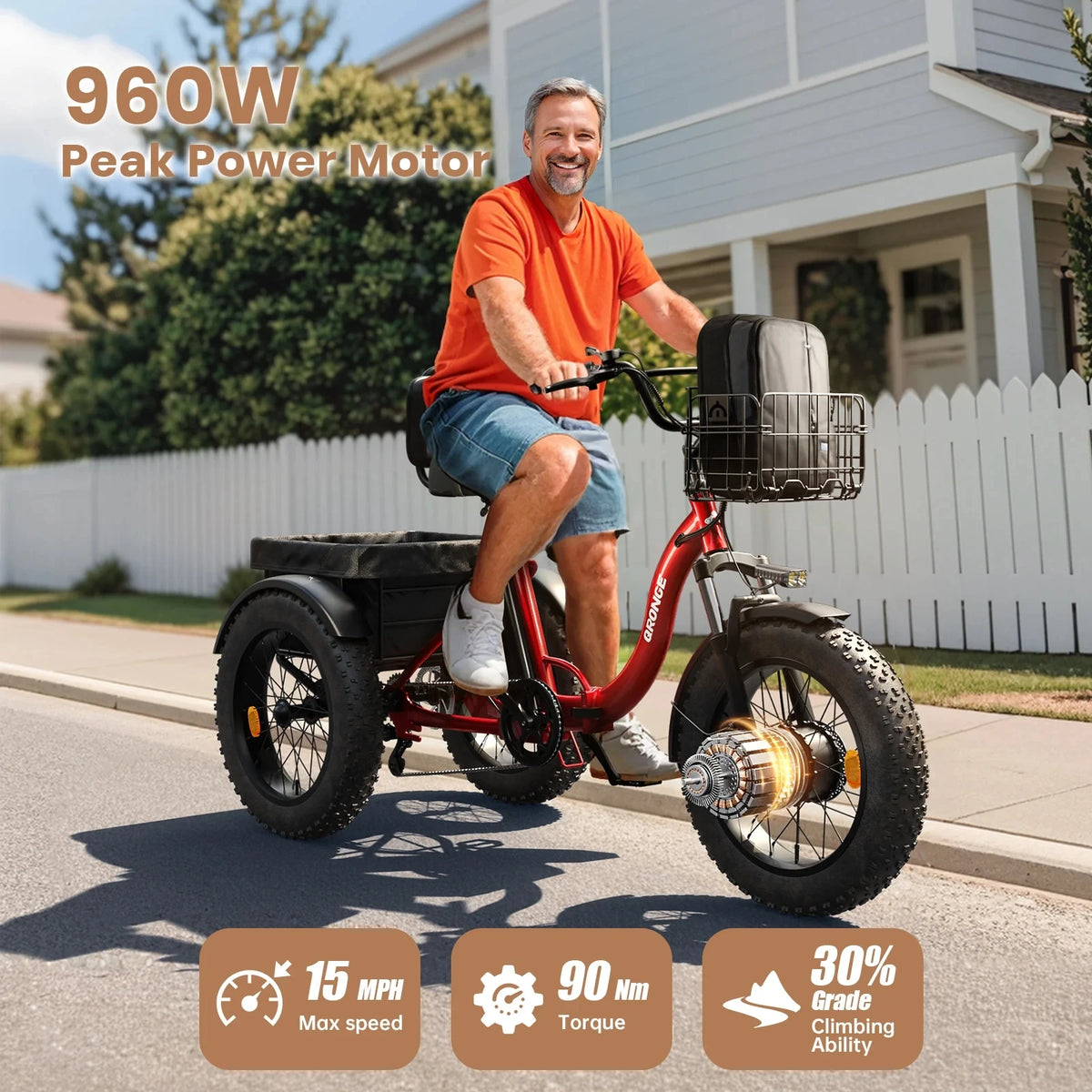 Qronge 960W Peak Motor Adult Folding Electric Tricycle