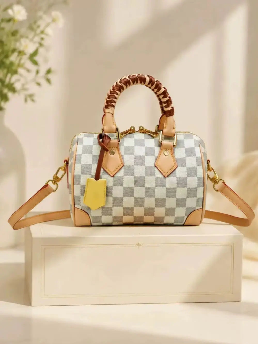 Luxury Women's Faux Leather Boston Handbag With Shoulder Strap Checkerboard