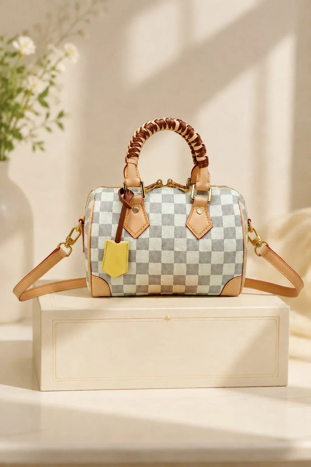 Luxury Women's Faux Leather Boston Handbag With Shoulder Strap Checkerboard