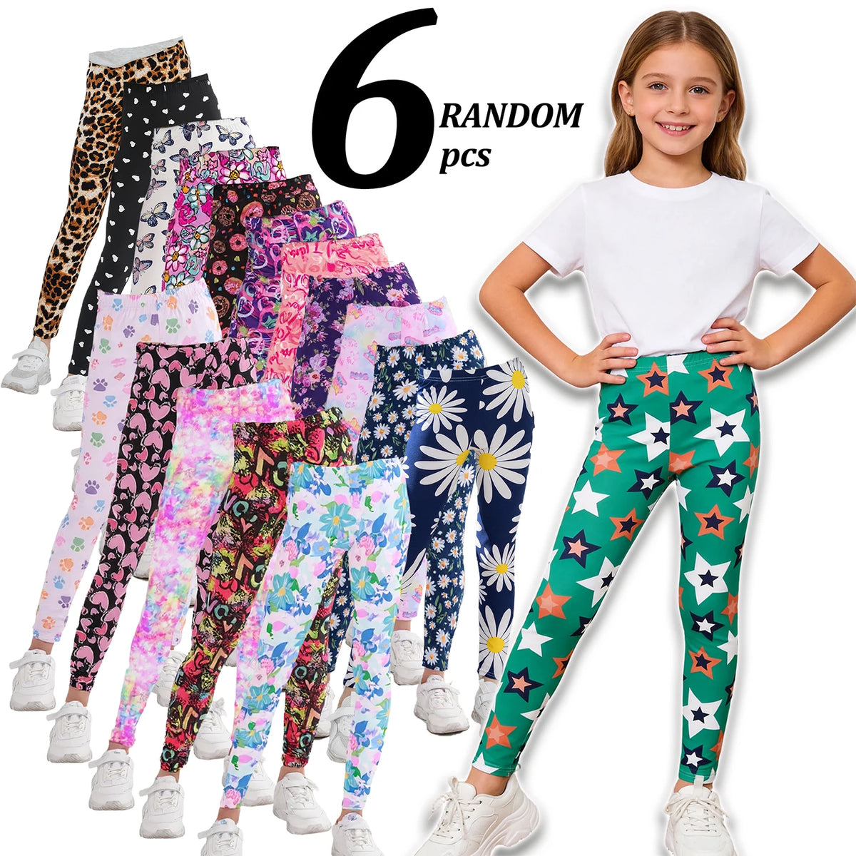 Girls 6 Pack Assorted Tie Dye Stretchy Kids Leggings