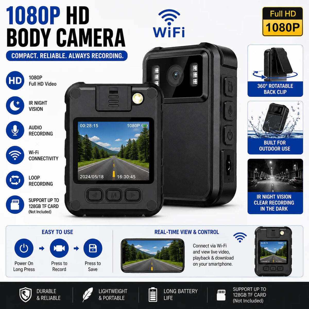 1080P HD WiFi Body Camera With IR Night Vision Clip