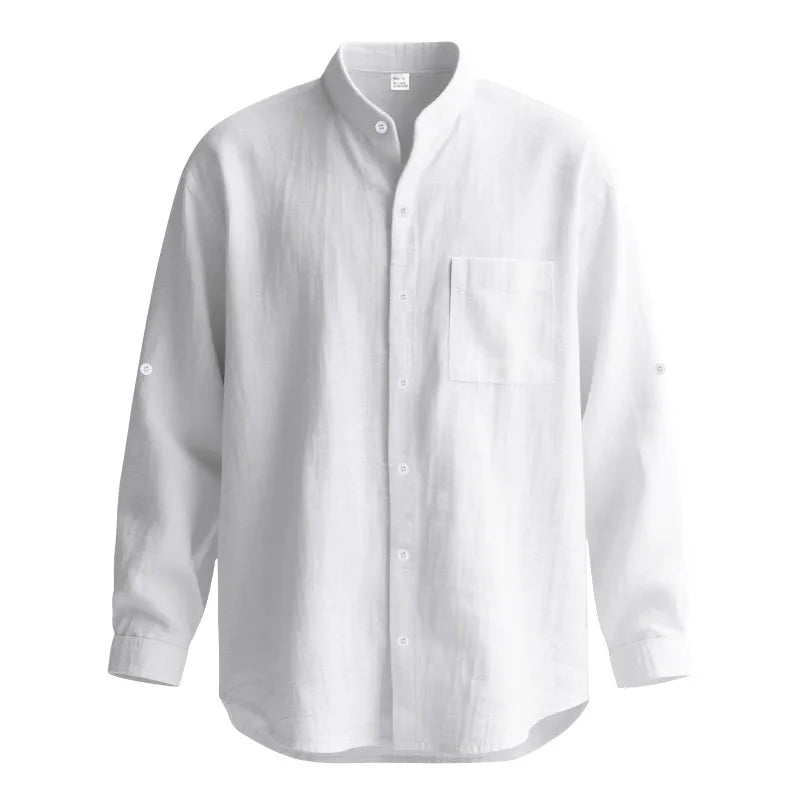 Men Linen Button Down Long Sleeve Mandarin Collar Casual Shirt