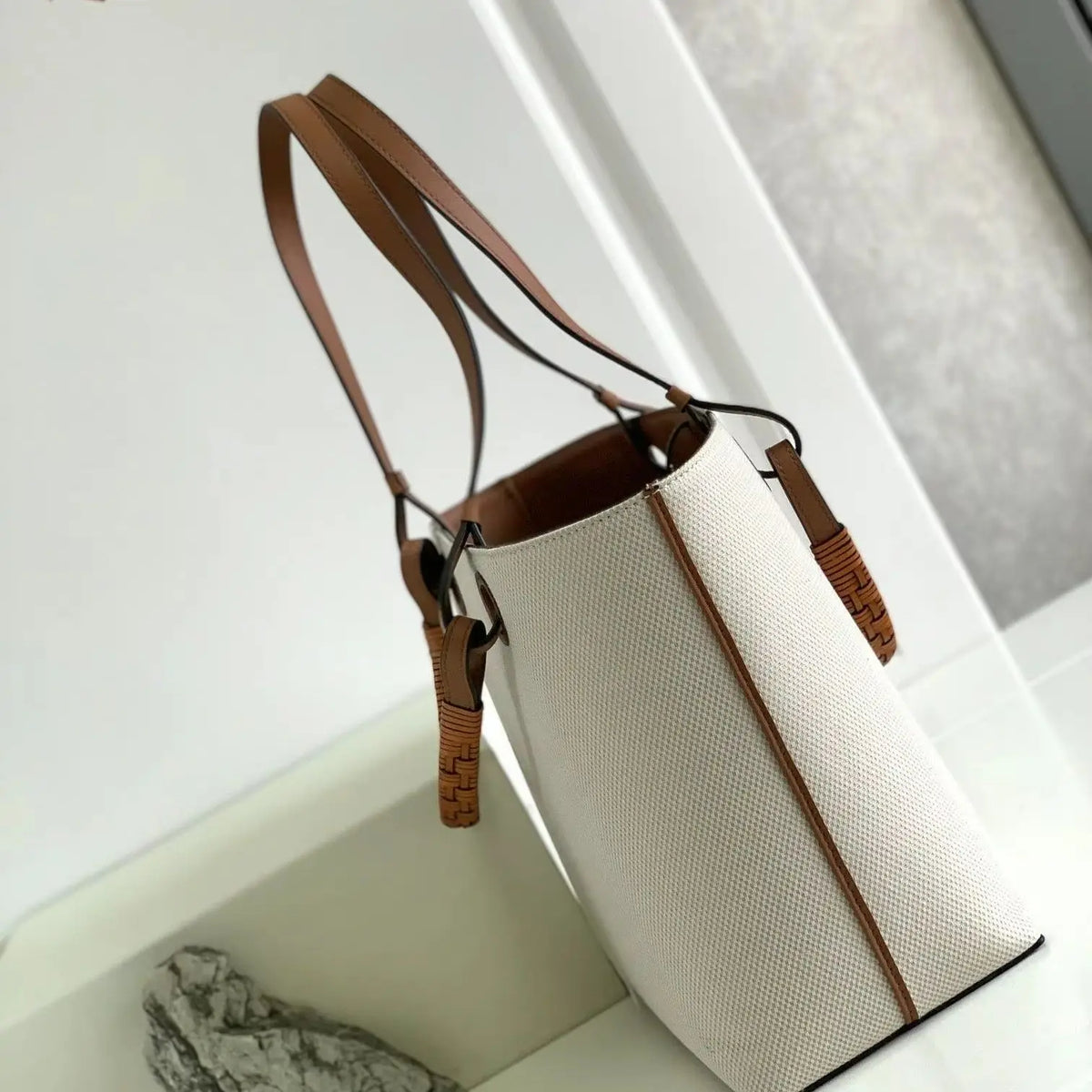 Luxury Leather Trim Canvas Tote Bag With Adjustable Shoulder Strap