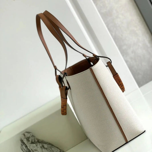 Luxury Leather Trim Canvas Tote Bag With Adjustable Shoulder Strap