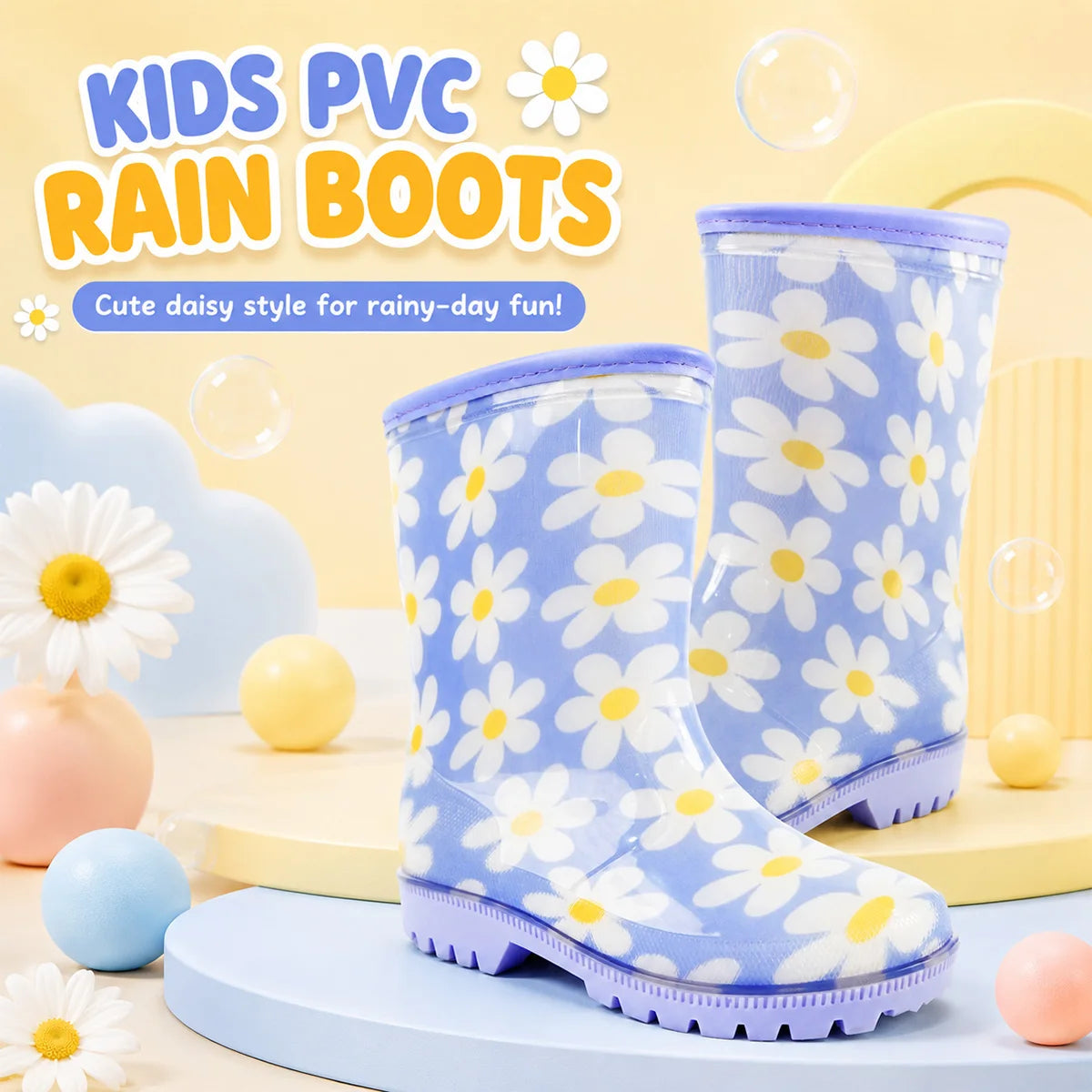 Kids Daisy Print Rain Boots With Anti Slip Cushioned Soles