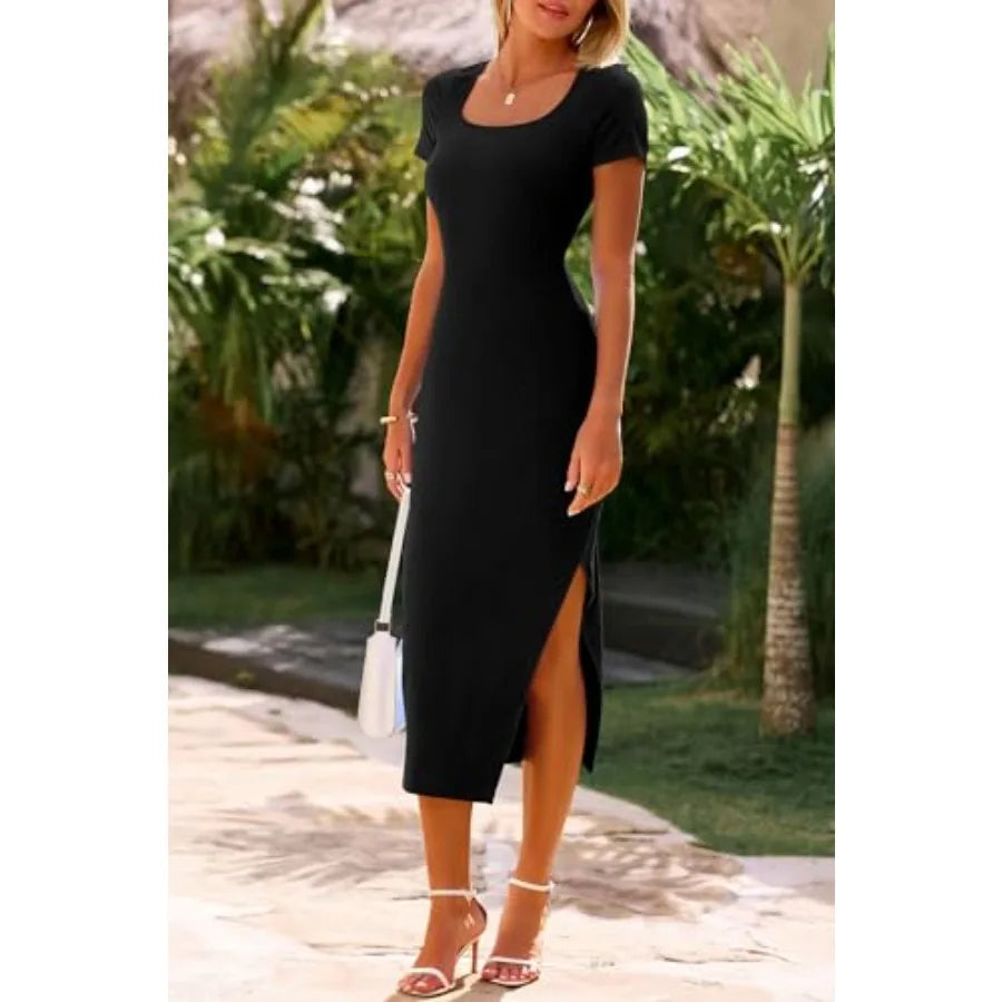Casual Ribbed Knit Square Neck Maxi Dress With Side Slit