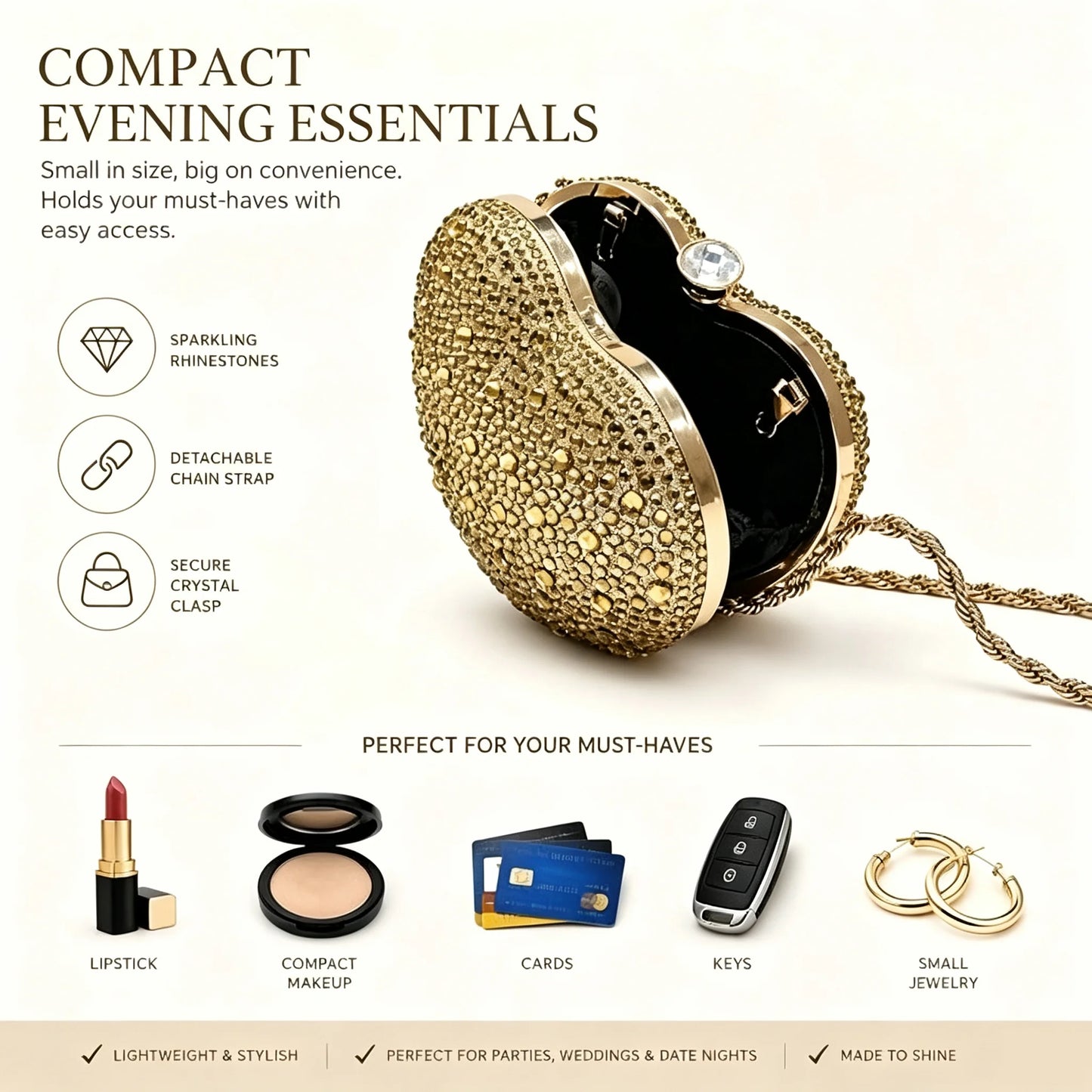 Rhinestone Heart Clutch Bag With Detachable Chain For Formal Occasions