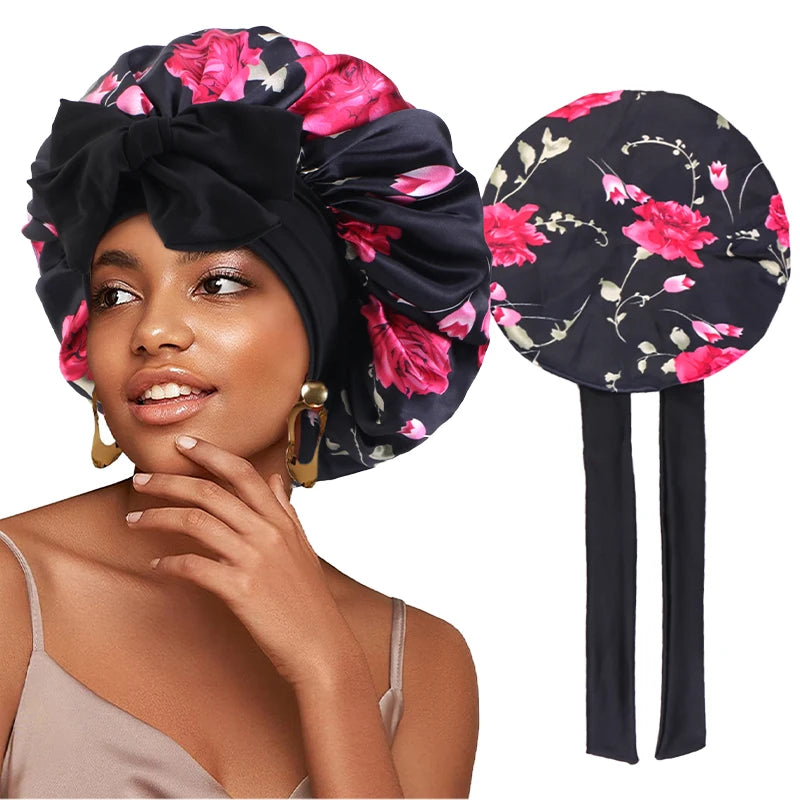 Floral Print Satin Hair Bonnet With Secure Tie Band Caps