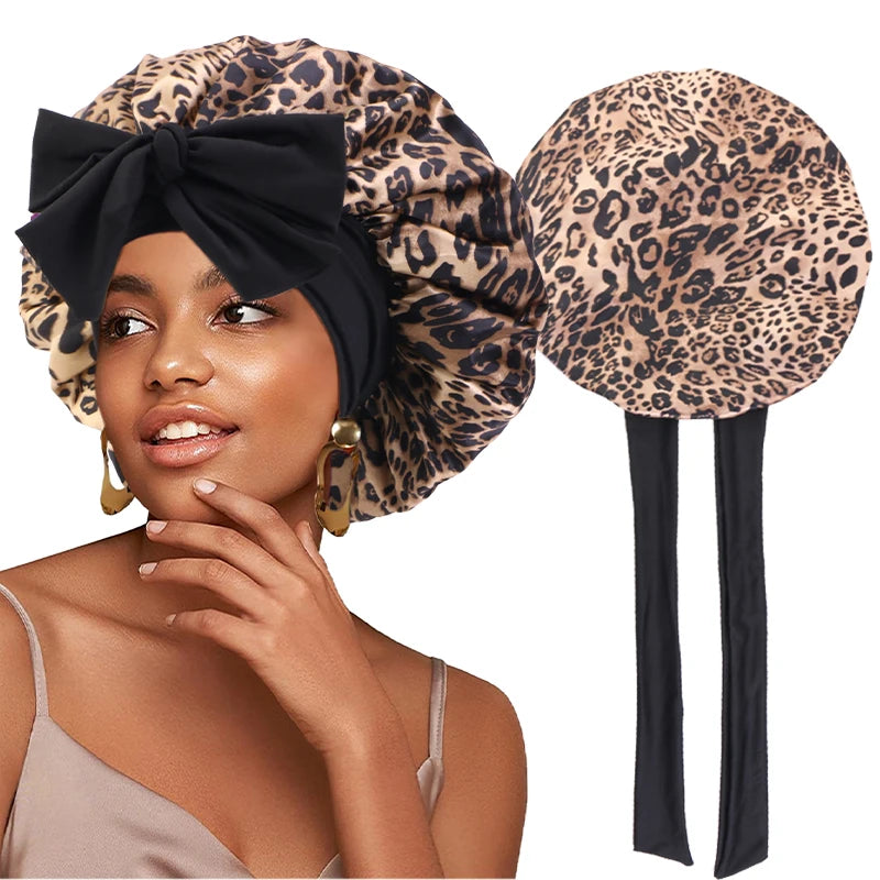 Floral Print Satin Hair Bonnet With Secure Tie Band Caps