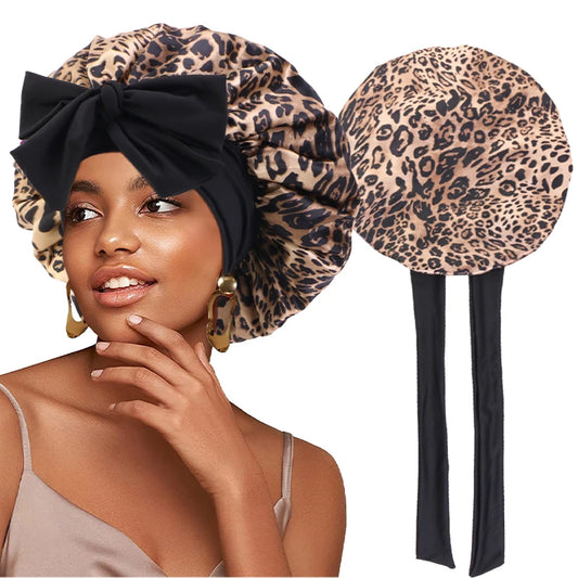 Floral Print Satin Hair Bonnet With Secure Tie Band Caps