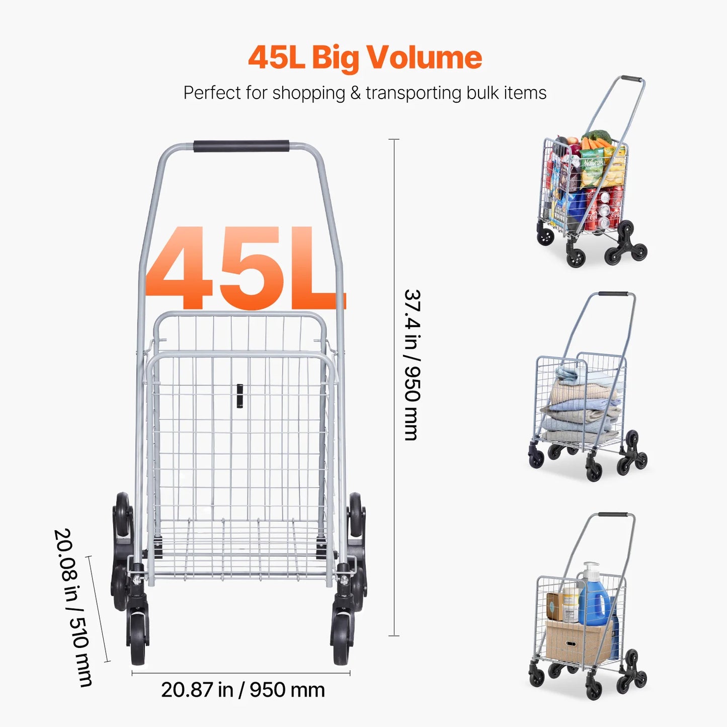 SucceBuy Folding Stair Climbing Shopping Cart With Wheels And Storage