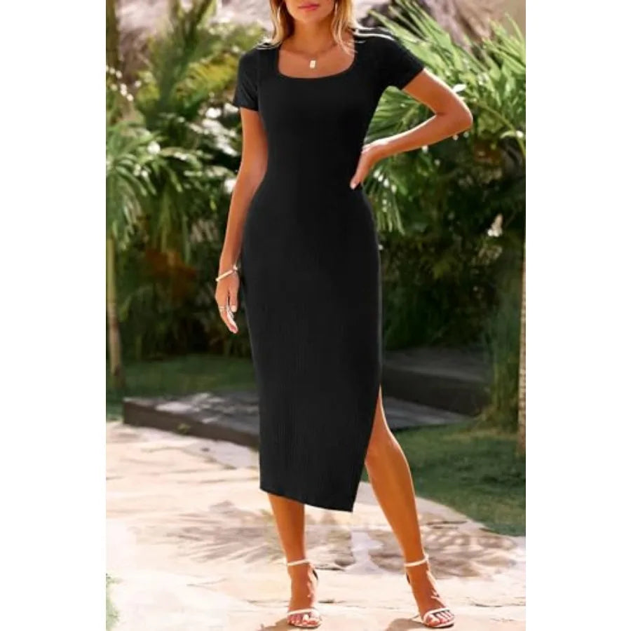 Casual Ribbed Knit Square Neck Maxi Dress With Side Slit