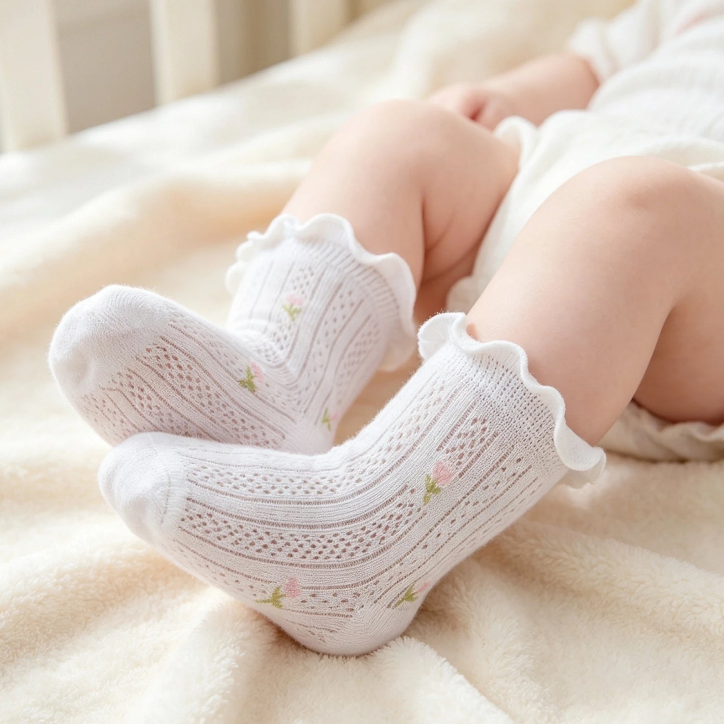 Soft Breathable Floral Mesh Crew Socks For Baby Girls