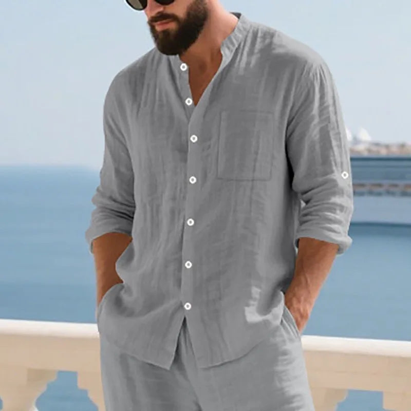 Men Linen Button Down Long Sleeve Mandarin Collar Casual Shirt