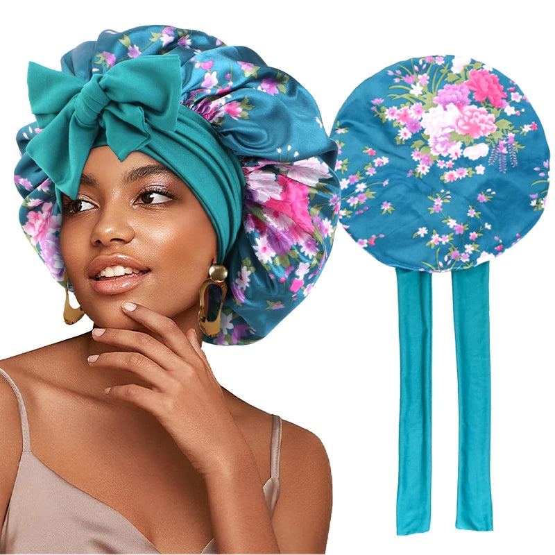 Floral Print Satin Hair Bonnet With Secure Tie Band Caps