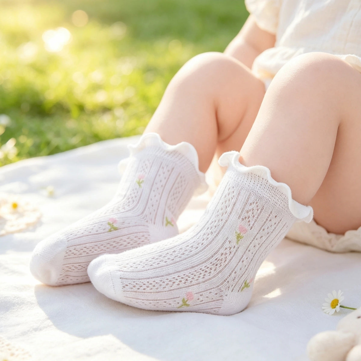 Soft Breathable Floral Mesh Crew Socks For Baby Girls