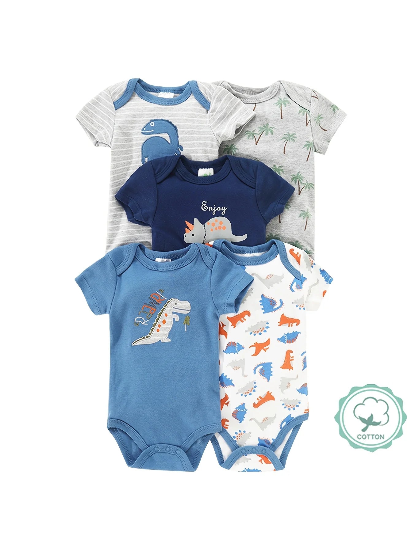 5pcs Baby Boy Dinosaur Romper Short Sleeve Onesies Soft Cotton