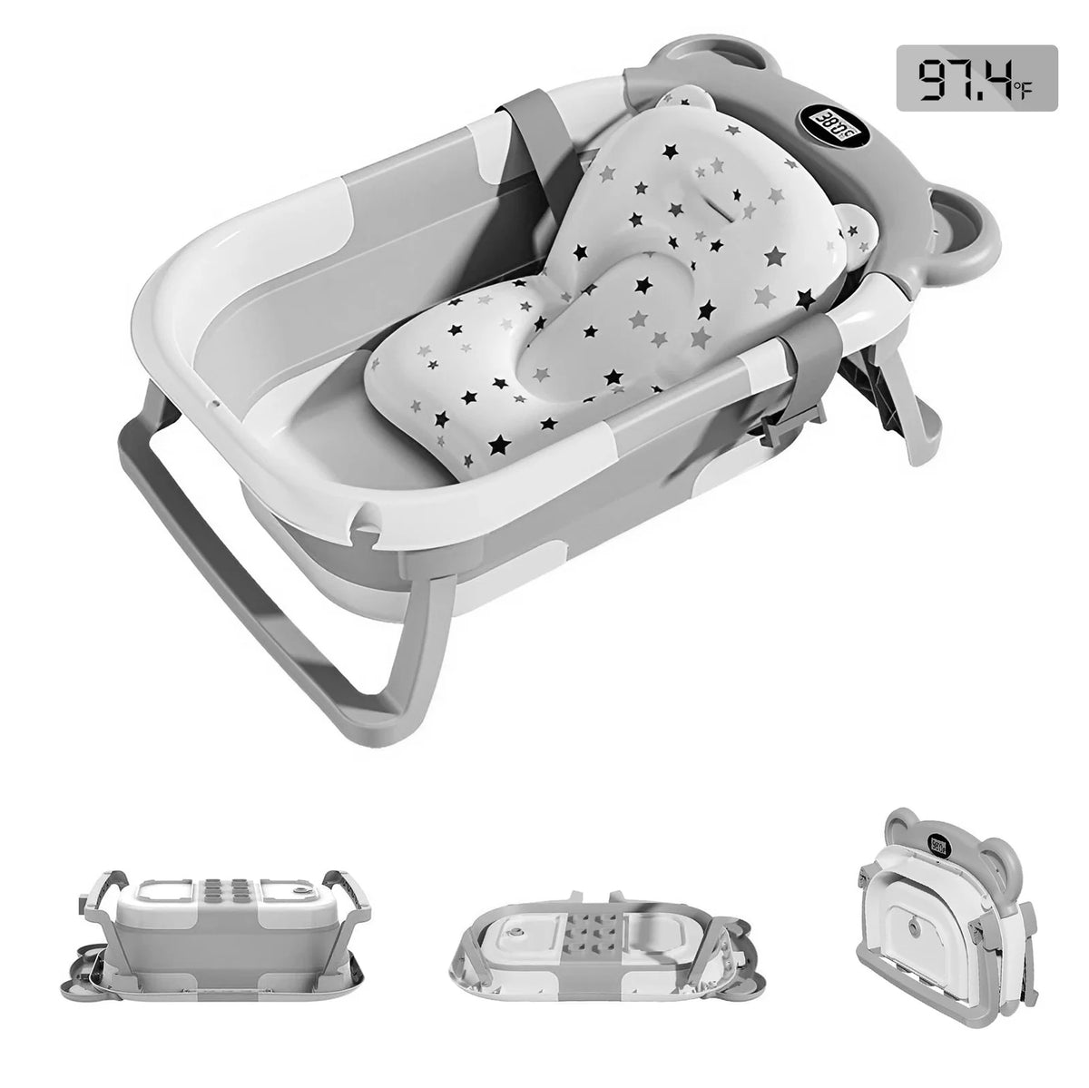 Portable Collapsible Baby Bathtub Featuring Thermometer And Cushion