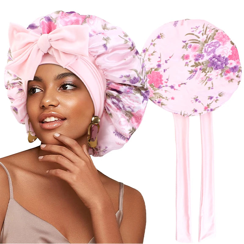 Floral Print Satin Hair Bonnet With Secure Tie Band Caps