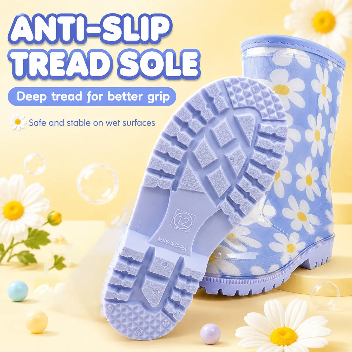 Kids Daisy Print Rain Boots With Anti Slip Cushioned Soles