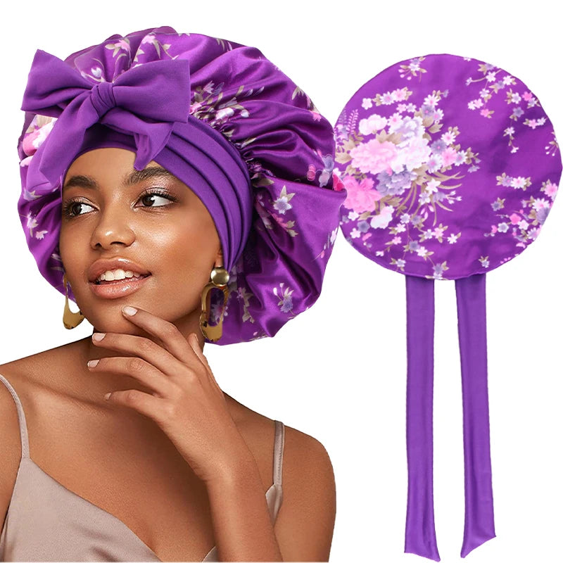 Floral Print Satin Hair Bonnet With Secure Tie Band Caps