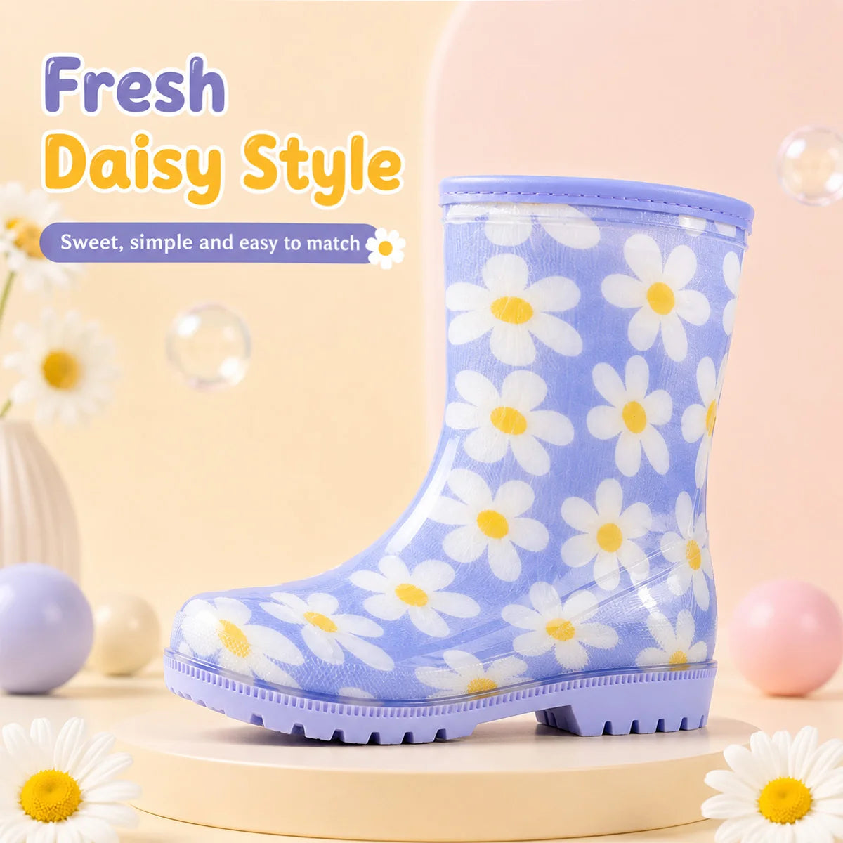 Kids Daisy Print Rain Boots With Anti Slip Cushioned Soles