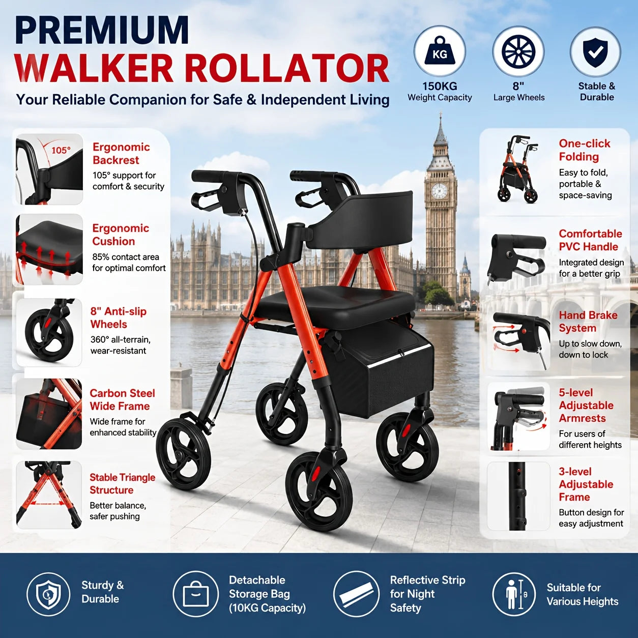 Maidesite Foldable Steel Rollator Walker With Seat For Seniors