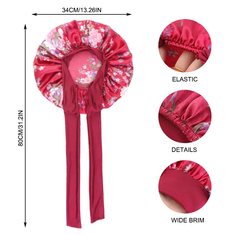 Floral Print Satin Hair Bonnet With Secure Tie Band Caps