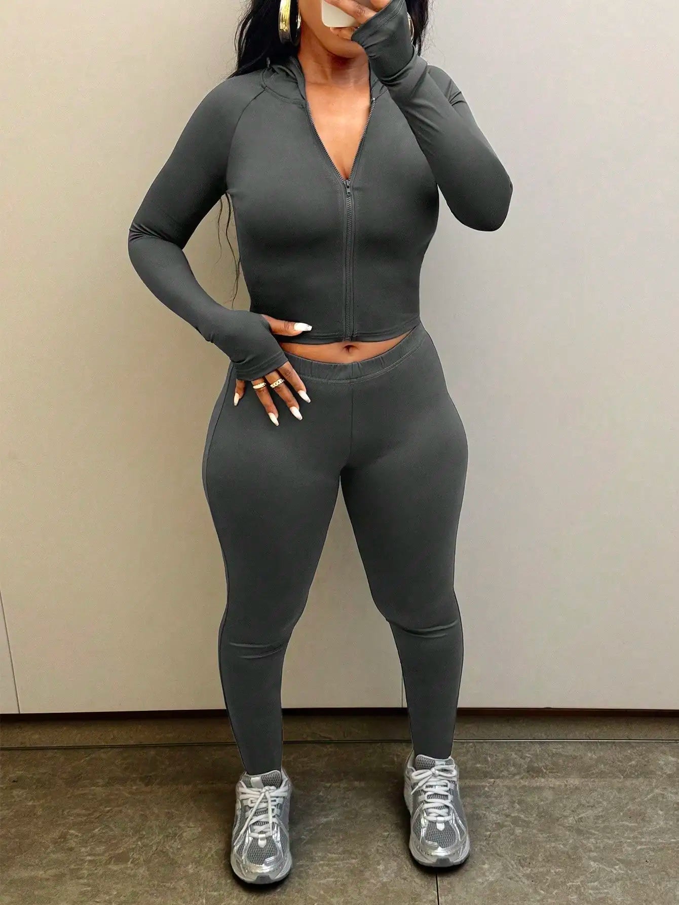 Women's Dark Grey Long Sleeve Yoga Workout Set