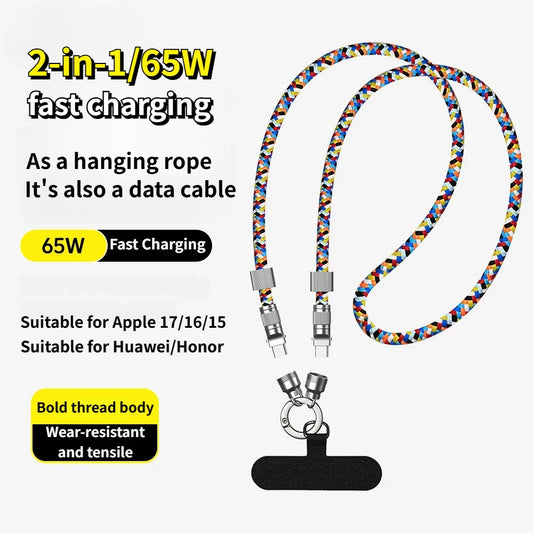 Universal Braided 65W Phone Lanyard Fast Charge Data Cable