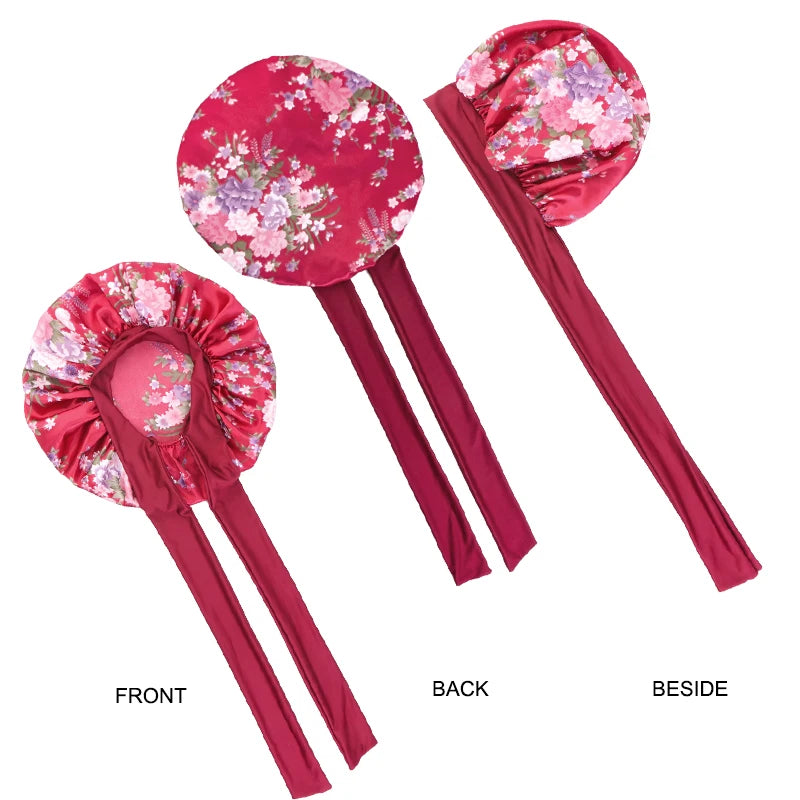 Floral Print Satin Hair Bonnet With Secure Tie Band Caps