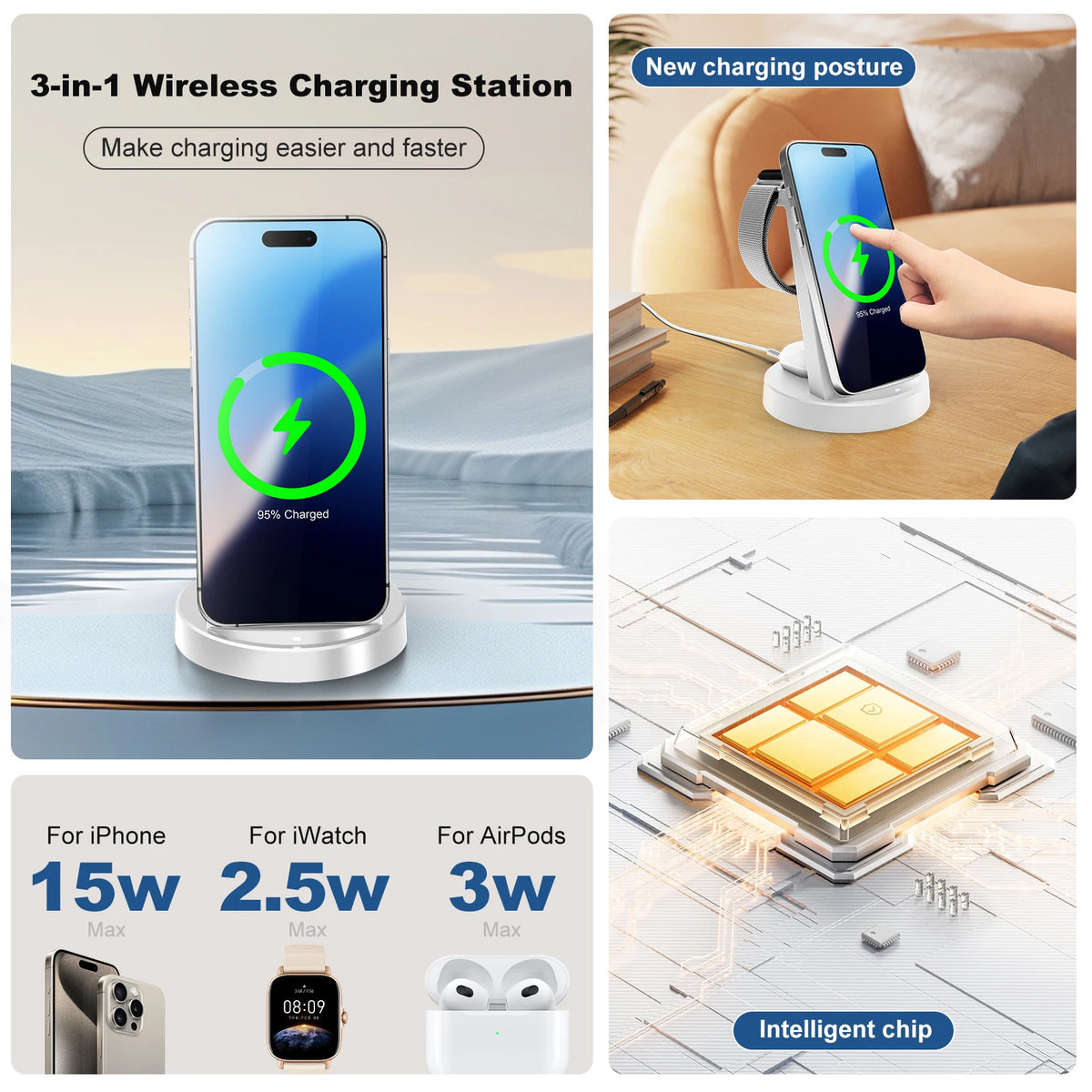 Foldable Magnetic Wireless Charger Stand With 15W Fast Charging Dock