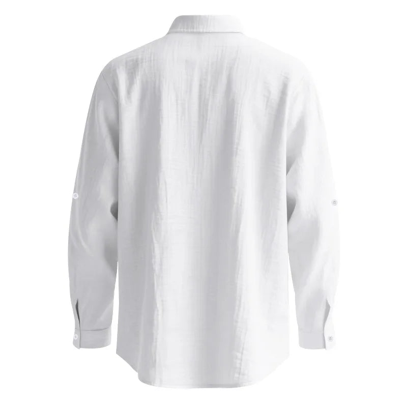 Men Linen Button Down Long Sleeve Mandarin Collar Casual Shirt