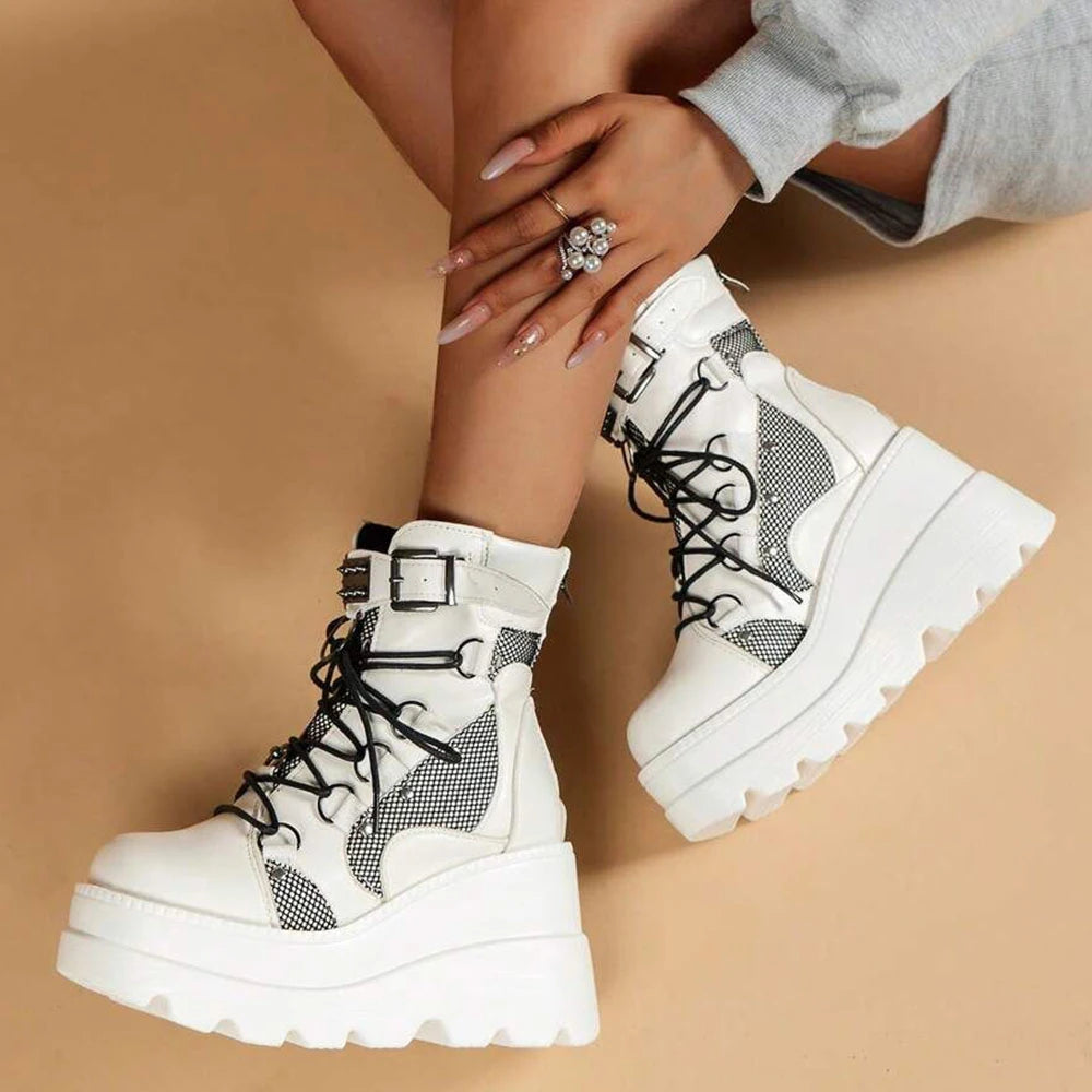 Gothic Platform Wedge Ankle Boots For Women Buckle Strap