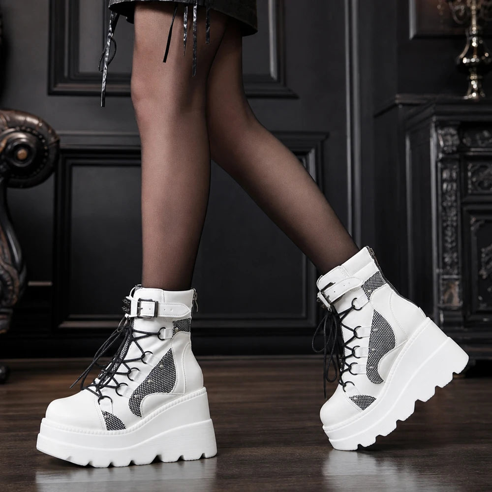 Gothic Platform Wedge Ankle Boots For Women Buckle Strap