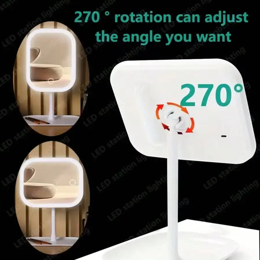 LED Touch Control Portable Foldable Makeup Mirror With Storage Base
