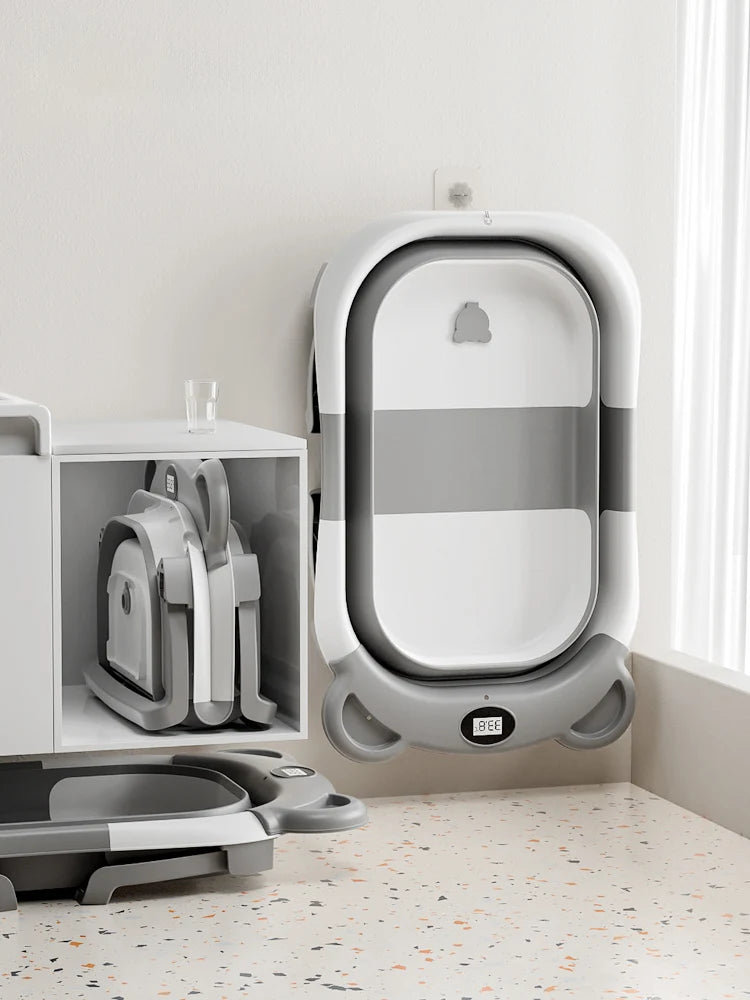 Portable Collapsible Baby Bathtub Featuring Thermometer And Cushion
