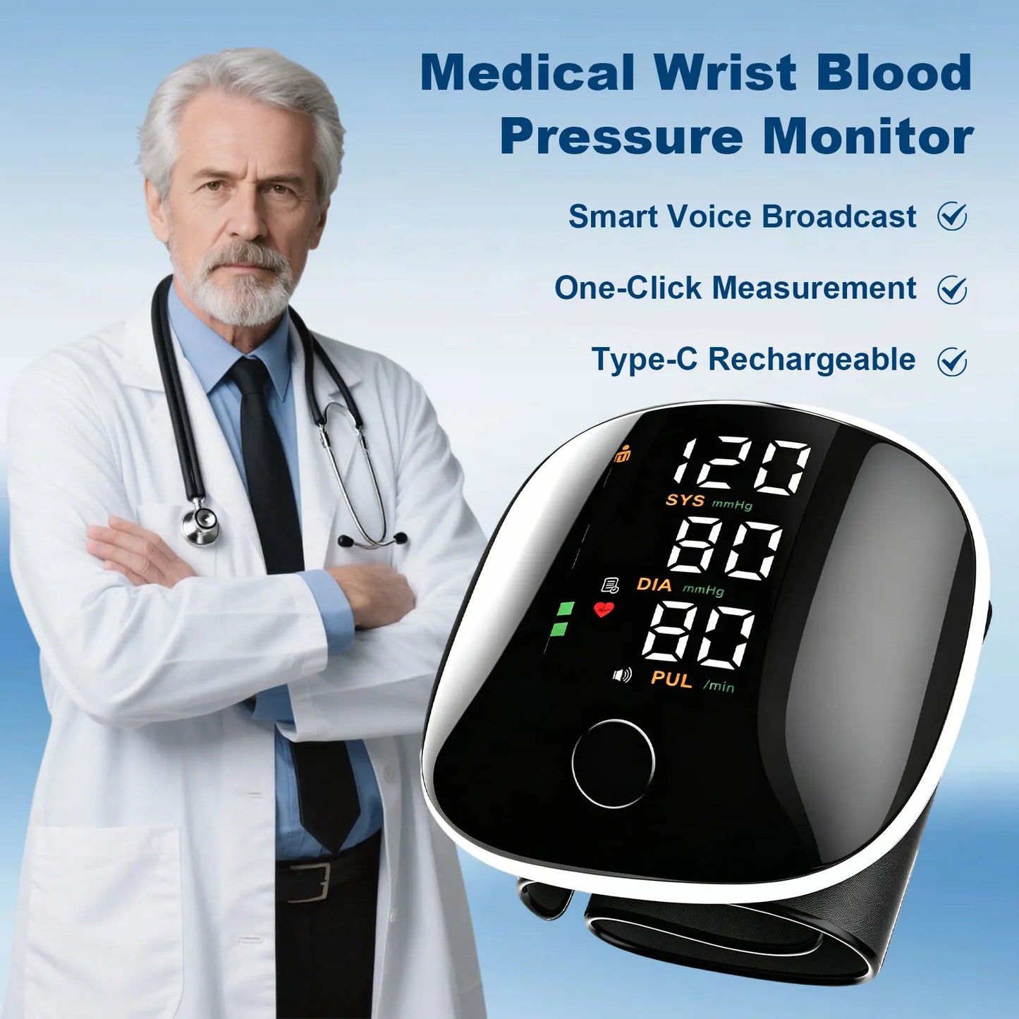 Rechargeable Wrist Blood Pressure Monitor With Voice And Heart Rate