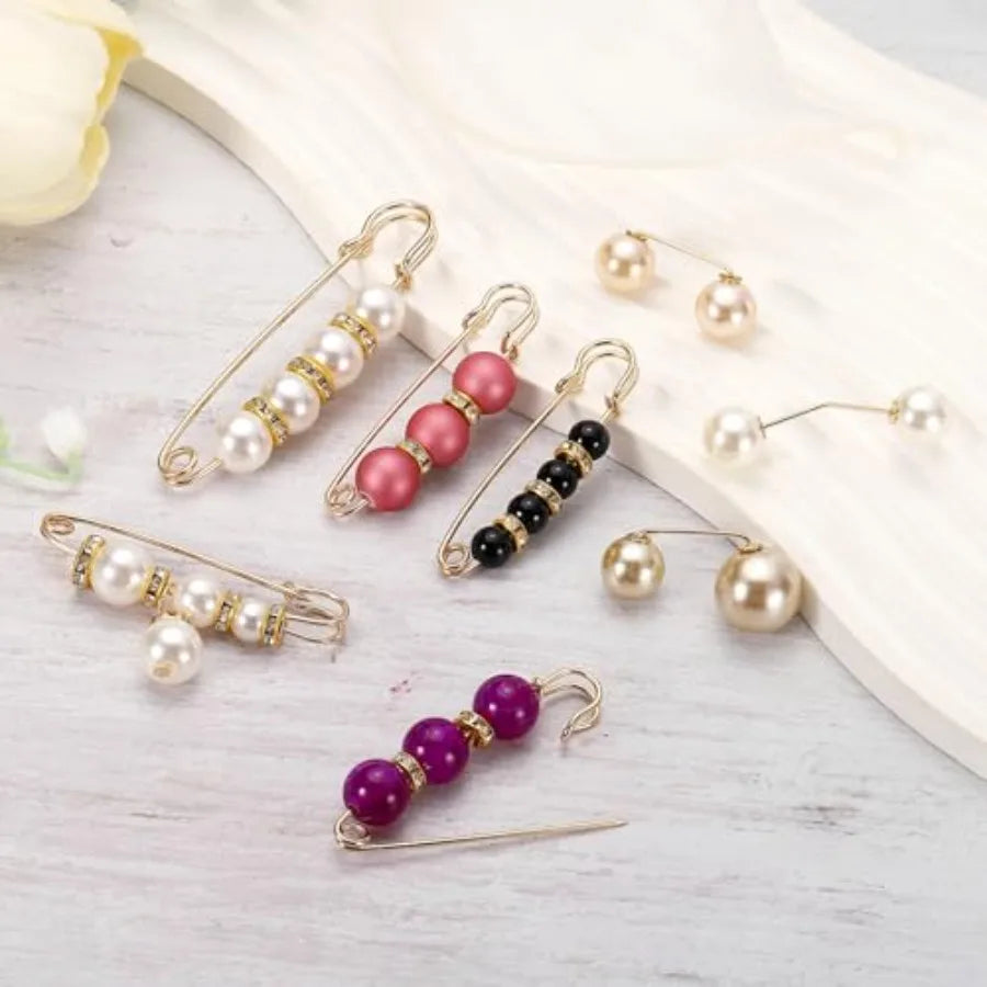 Pearl Crystal Safety Pin Brooch Decorative Fashion Clothing Accessory
