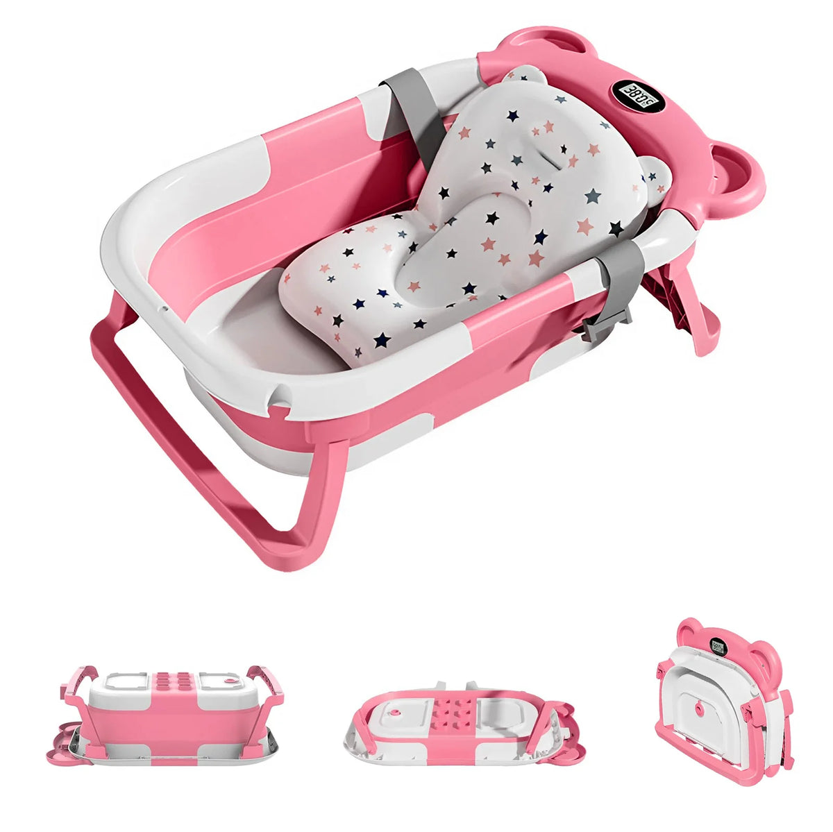 Portable Collapsible Baby Bathtub Featuring Thermometer And Cushion
