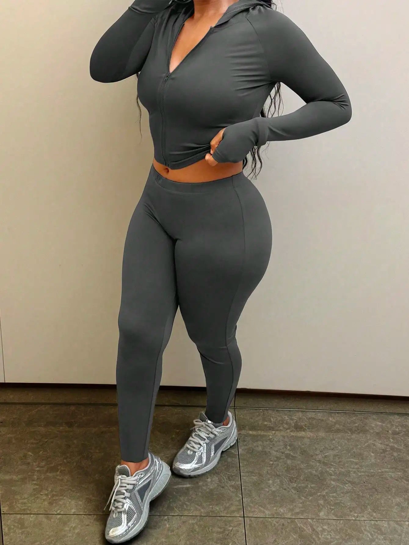 Women's Dark Grey Long Sleeve Yoga Workout Set