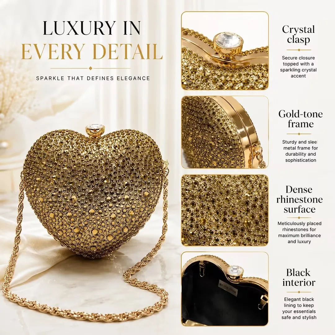 Rhinestone Heart Clutch Bag With Detachable Chain For Formal Occasions
