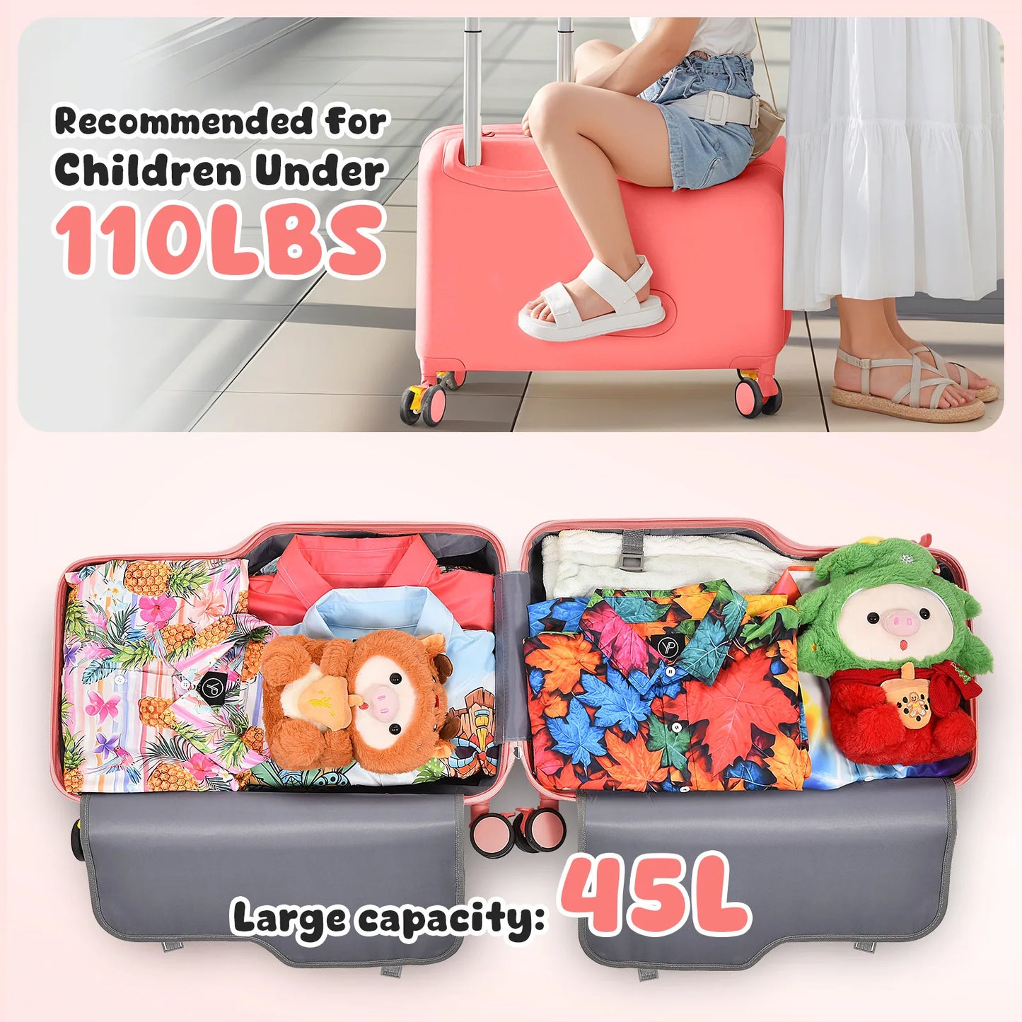 Kids Ride On Luggage With Foot Pedal And Safety Harness
