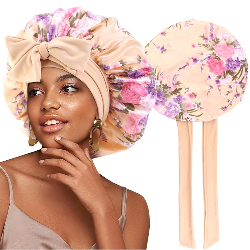 Floral Print Satin Hair Bonnet With Secure Tie Band Caps