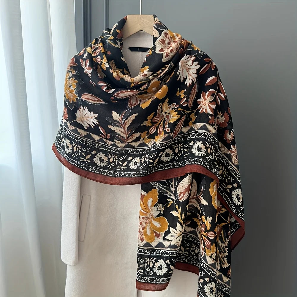 Retro Floral Long Scarf Breathable Soft Shawl Unisex Outerwear