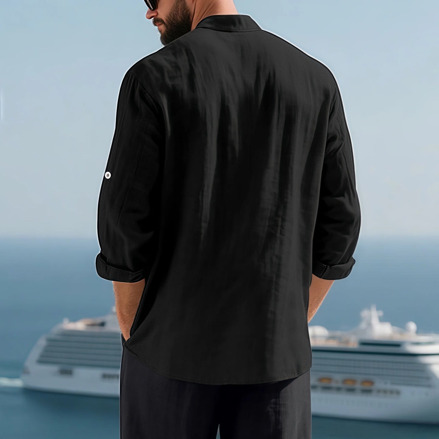 Men Linen Button Down Long Sleeve Mandarin Collar Casual Shirt